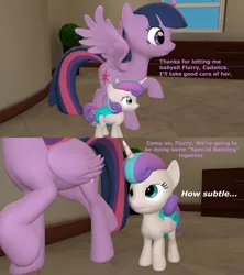 Size: 1920x2160 | Tagged: suggestive, artist:papadragon69, derpibooru import, princess flurry heart, twilight sparkle, twilight sparkle (alicorn), alicorn, pony, 3d, baby, baby pony, bedroom eyes, comic, dialogue, diaper, female, filly, flurrylight, imminent foalcon, imminent incest, imminent lesbianism, imminent sex, implied foalcon, implied princess cadance, incest, lesbian, open mouth, source filmmaker, subtle, talking, text, twilight is a foal fiddler, worst aunt ever