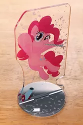 Size: 667x1000 | Tagged: safe, artist:1trick, derpibooru import, pinkie pie, pony, acrylic plastic, acrylic standee, confetti, looking at you, midair, noisemaker, party cannon, solo, standee