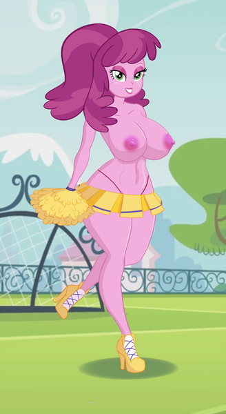 Size: 655x1200 | Tagged: questionable, alternate version, artist:annon, derpibooru import, cheerilee, equestria girls, bimbo, breasts, busty cheerilee, cheerileeder, cheerleader, clothes, female, nipples, nudity, panties, partial nudity, pom pom, sexy, show style adventure, skirt, solo, solo female, stupid sexy cheerilee, thong, topless, underwear