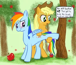 Size: 1786x1531 | Tagged: safe, artist:friendshipishorses, derpibooru import, applejack, rainbow dash, pony, apple, applebucking, appledash, atg 2017, blushing, dialogue, female, food, lesbian, newbie artist training grounds, shipping, speech bubble, sweat, tree