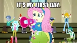 Size: 600x337 | Tagged: safe, derpibooru import, edit, edited screencap, screencap, fluttershy, paisley, sandalwood, eqg summertime shorts, equestria girls, steps of pep, d:, discovery family logo, freshman, frown, image macro, megaphone, meme, open mouth, smiling, text, the simpsons, wide eyes