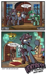 Size: 2697x4364 | Tagged: safe, artist:gray--day, derpibooru import, oc, oc:gray day, oc:ventress, unofficial characters only, bat pony, ghost, pony, absurd resolution, bat pony oc, comic, dialogue, female, garlic, luggage, male, mare, smiling, speech bubble, stallion