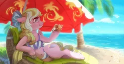 Size: 1600x833 | Tagged: safe, artist:spirit-alu, derpibooru import, oc, oc:bay breeze, unofficial characters only, pegasus, pony, semi-anthro, beach, belly button, bikini, bow, clothes, female, hair bow, lounge, mare, ocean, palm tree, sand, shell, smiling, solo, sunshine, swimsuit, tree, umbrella