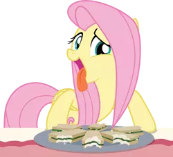 Size: 5902x5328 | Tagged: safe, artist:shutterflyeqd, derpibooru import, fluttershy, pegasus, pony, discordant harmony, absurd resolution, bite mark, cute, female, food, hungry, leaning, lidded eyes, looking at you, mare, open mouth, plate, raised eyebrow, sandwich, shyabetes, silly, silly pony, simple background, smiling, solo, table, tongue out, transparent background, vector, wat