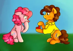 Size: 2650x1850 | Tagged: safe, artist:raelin11, derpibooru import, cheese sandwich, pinkie pie, earth pony, pony, blushing, cheesepie, crying, cute, daytime, female, grass, male, marriage proposal, outdoors, overjoyed, redraw, ring, shipping, straight