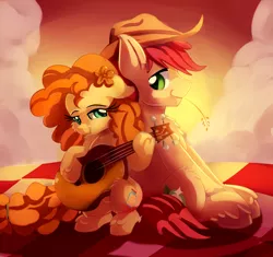Size: 2000x1881 | Tagged: safe, artist:discorded, derpibooru import, bright mac, pear butter, earth pony, pony, the perfect pear, acoustic guitar, backlighting, brightbutter, cowboy hat, female, flower, flower in hair, guitar, hat, looking back, male, mare, shipping, smiling, stallion, straight
