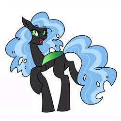 Size: 1024x1024 | Tagged: artist:x-mervielle-x, black fur, blue mane, changeling, changepony, derpibooru import, fangs, female, interspecies, magical lesbian spawn, next generation, oc, offspring, parent:pinkie pie, parent:queen chrysalis, parents:chryssie pie, safe, simple background, unofficial characters only, white background
