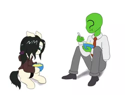 Size: 2488x1900 | Tagged: safe, artist:scraggleman, derpibooru import, oc, oc:anon, oc:floor bored, unofficial characters only, earth pony, human, pony, /mlp/, 4chan, bowl, cheese, clothes, eating, food, hoodie, hoof hold, macaroni, macaroni and cheese, necktie, pants, pasta, shirt, shoes, simple background, sitting, white background