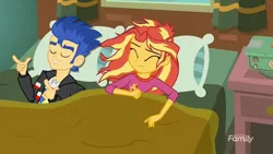 Size: 1244x700 | Tagged: safe, derpibooru import, edit, edited screencap, screencap, flash sentry, sunset shimmer, eqg summertime shorts, equestria girls, monday blues, bed, bedroom, clock, discovery family logo, female, flashimmer, male, parody, shipping, straight, sunset's apartment