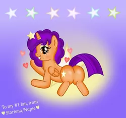 Size: 4433x4158 | Tagged: absurd resolution, alicorn, alicorn oc, artist:nupiethehero, bad anatomy, bedroom eyes, brown eyes, cutie mark, cutie mark background, derpibooru import, eyeshadow, heart, lip bite, makeup, oc, oc:nupie, oc:starlena, plot, presenting, purple hair, purple hair is sexy, rule 63, seductive, seductive pose, suggestive, unofficial characters only