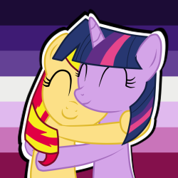 Size: 250x250 | Tagged: safe, artist:mlpride, derpibooru import, sunset shimmer, twilight sparkle, pony, unicorn, cute, eyes closed, female, hug, lesbian, lesbian pride flag, mare, moon lesbian, moon lesbian pride flag, shimmerbetes, shipping, sunsetsparkle, twiabetes