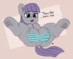 Size: 7810x6331 | Tagged: suggestive, artist:pabbley, derpibooru import, maud pie, earth pony, pony, abstract background, absurd resolution, bra, bra on pony, clothes, crotchboobs, crotchbra, dialogue, dock, eyeshadow, featureless crotch, female, impossibly large crotchboobs, looking down, makeup, on back, open mouth, over the shoulder boulder holder, solo, solo female, spread legs, spreading, underhoof, underwear