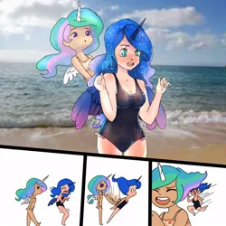 Size: 1000x1000 | Tagged: artist:161141, beach, bikini, black swimsuit, breasts, cleavage, clothes, cute, derpibooru import, female, horned humanization, human, humanized, one-piece swimsuit, princess celestia, princess luna, royal sisters, sisters, slap, suggestive, sunburn, swimsuit, trollestia, water, winged humanization, wings