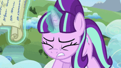 Size: 672x378 | Tagged: safe, derpibooru import, edit, screencap, starlight glimmer, pony, unicorn, the cutie re-mark, animated, caption, cloud, crying, destruction, frown, gif, glowing horn, levitation, magic, moon, mountain, offscreen character, river, sad, scared, scroll, solo, spell, telekinesis, text, tree, writing, yelling