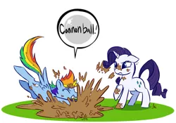 Size: 1024x718 | Tagged: safe, artist:professor-ponyarity, derpibooru import, rainbow dash, rarity, pony, cannonball, mud, muddy, splash