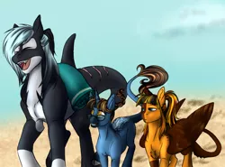 Size: 1024x758 | Tagged: safe, artist:blackblood-queen, derpibooru import, oc, oc:annie belle, oc:daniel dasher, oc:mako, unofficial characters only, dracony, earth pony, hybrid, orca pony, original species, unicorn, brother and sister, eyes closed, family, fangs, female, glasses, lidded eyes, long tail, male, singing, smiling, trio, uncle