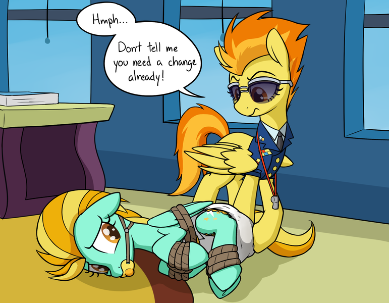 Size: 1800x1400 | Tagged: questionable, artist:skitter, derpibooru import, lightning dust, spitfire, pegasus, pony, bondage, bound wings, diaper, diaper bondage, diaper fetish, diaper slave, female, females only, femdom, femsub, fetish, mare, messy diaper, necktie, pacifier, pacifier gag, poop, poopy diaper, rope, speech, submissive