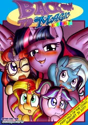 Size: 1860x2622 | Tagged: suggestive, artist:anibaruthecat, derpibooru import, moondancer, starlight glimmer, sunset shimmer, trixie, twilight sparkle, twilight sparkle (alicorn), alicorn, pony, comic cover, counterparts, female, filly, implied foalcon, magical quintet, patreon, teaser, twilight is a foal fiddler, twilight's counterparts