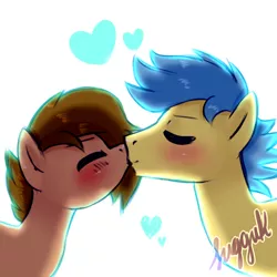 Size: 1024x1024 | Tagged: safe, artist:sugguk, derpibooru import, oc, oc:chennie, unofficial characters only, pony, blushing, female, kissing, male, mare, oc x oc, shipping, stallion, straight