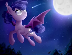 Size: 5000x3799 | Tagged: safe, artist:kaikururu, derpibooru import, oc, oc:decibel, unofficial characters only, bat, bat pony, pony, flying, moon, night, solo, stars, tree