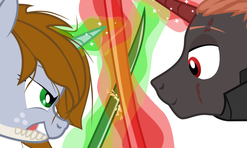 Size: 3996x2400 | Tagged: safe, artist:aaronmk, derpibooru import, oc, oc:littlepip, oc:protege, pony, unicorn, fallout equestria, fanfic, angry, bone, crossover, dark jedi, fanfic art, female, glowing horn, horn, jedi, jetstream sam, knights of ren, levitation, magic, mare, metal gear, metal gear rising, raiden, simple background, sith, star wars, sword, teeth, telekinesis, transparent background, vector, weapon