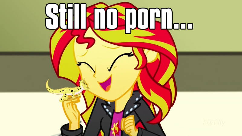 Size: 1280x720 | Tagged: safe, derpibooru import, edit, edited screencap, screencap, ray, sunset shimmer, gecko, leopard gecko, eqg summertime shorts, equestria girls, pet project, caption, cuddling, cute, image macro, meme, nuzzling, porn when, shimmerbetes, smiling, tempting fate