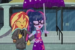 Size: 6000x4000 | Tagged: safe, artist:spottedlions, derpibooru import, sci-twi, sunset shimmer, twilight sparkle, eqg summertime shorts, equestria girls, monday blues, absurd resolution, bag, belt, bowtie, clothes, duo, female, glasses, hoodie, lesbian, ponytail, rain, scitwishimmer, shipping, skirt, sunsetsparkle, umbrella, vest, wet hair