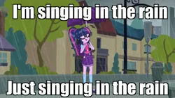 Size: 1920x1080 | Tagged: safe, derpibooru import, edit, edited screencap, screencap, sci-twi, twilight sparkle, eqg summertime shorts, equestria girls, monday blues, image macro, meme, rain, singin' in the rain, singing in the rain, solo, umbrella, wind