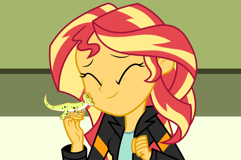 Size: 6000x4000 | Tagged: safe, artist:spottedlions, derpibooru import, ray, sunset shimmer, gecko, leopard gecko, eqg summertime shorts, equestria girls, pet project, absurd resolution, clothes, cute, eyes closed, female, jacket, leather jacket, nuzzling, pet, shimmerbetes, smiling