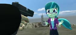 Size: 1280x600 | Tagged: semi-grimdark, artist:thatguycalledzero, derpibooru import, juniper montage, equestria girls, spoiler:eqg specials, 3d, abuse, building, city, glock, gmod, gun, juniperbuse, sad, scared, weapon