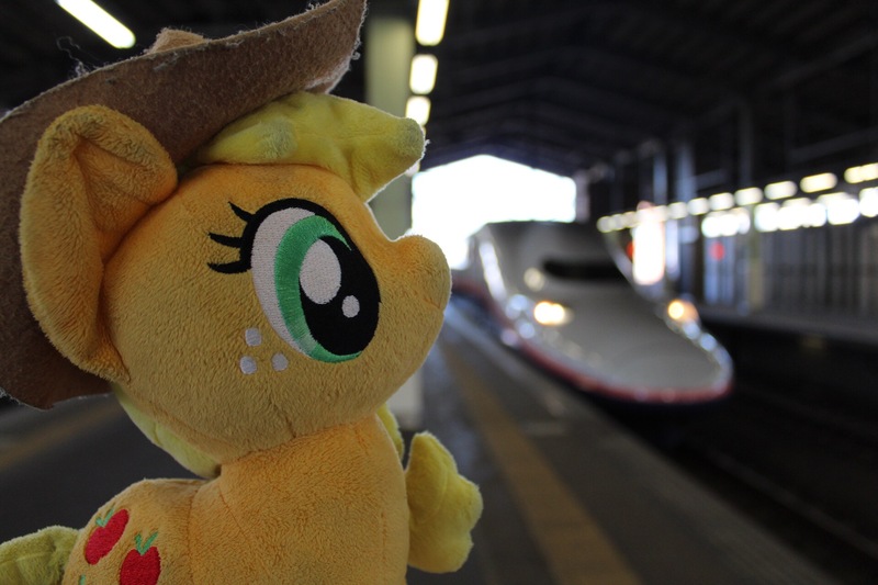 Size: 1920x1280 | Tagged: safe, artist:setorin5, derpibooru import, applejack, pony, 4de, irl, japan, photo, plushie, ponies around the world, shinkansen, solo, train