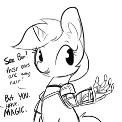 Size: 1650x1650 | Tagged: safe, artist:tjpones, derpibooru import, lyra heartstrings, pony, unicorn, amputee, dialogue, ear fluff, grayscale, implied bon bon, mechanical hands, monochrome, offscreen character, prosthetic limb, prosthetics, simple background, solo, white background