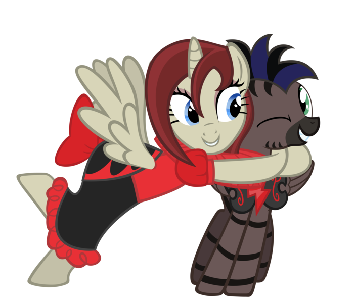 Size: 4000x3420 | Tagged: safe, artist:are-you-jealous, derpibooru import, oc, oc:akira, oc:stormy, alicorn, hybrid, pony, zebra, zebrasus, zony, alicorn oc, armor, clothes, dress, female, high res, hug, male, mare, one eye closed, royal guard, simple background, smiling, transparent background, vector