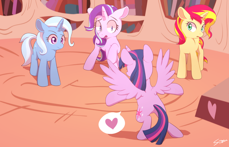 Size: 1400x900 | Tagged: safe, artist:sion, derpibooru import, starlight glimmer, sunset shimmer, trixie, twilight sparkle, twilight sparkle (alicorn), alicorn, pony, unicorn, bipedal, counterparts, jurassic park, jurassic world, magical quartet, magical trio, prattkeeping, quartet, role reversal, twilight sparkle gets all the mares, twilight's counterparts