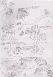 Size: 1195x1751 | Tagged: artist:threetwotwo32232, ball of violence, comic, derpibooru import, fight, flying, lightning dust, monochrome, newbie artist training grounds, parody, pencil drawing, rainbow dash, safe, sonic adventure 2, text, traditional art, walkie talkie