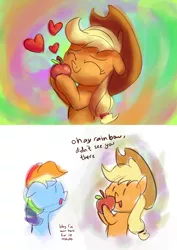 Size: 3507x4960 | Tagged: safe, artist:aemantaslim, derpibooru import, applejack, rainbow dash, earth pony, pegasus, pony, absurd resolution, apple, appledash, atg 2017, bby, chibi, comic, cowboy hat, dialogue, female, food, hat, heart, hug, lesbian, mare, newbie artist training grounds, shipping, that pony sure does love apples