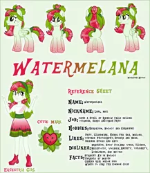 Size: 4016x4622 | Tagged: safe, artist:monkfishyadopts, derpibooru import, oc, oc:watermelana, unofficial characters only, pegasus, pony, equestria girls, absurd resolution, cutie mark, freckles, gradient hooves, looking at you, melon, reference sheet, self ponidox, smiling, square crossover, text, watermelon