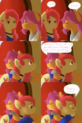 Size: 1600x2400 | Tagged: safe, artist:dunnowhattowrite, derpibooru import, apple bloom, scootaloo, pony, comic:ask motherly scootaloo, cast, clothes, comic, hug, motherly scootaloo, sweatshirt