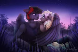 Size: 3000x2000 | Tagged: anthro, anthro oc, artist:gloriajoy, clothes, derpibooru import, female, hippogriff, icethunder, looking at each other, male, mare, oc, oc:ice trio, oc:mystic thunder, oc x oc, safe, shipping, smiling, stallion, straight, unofficial characters only