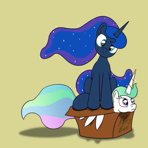 Size: 1280x1280 | Tagged: safe, artist:eightbithoof, derpibooru import, princess celestia, princess luna, alicorn, pony, behaving like a cat, box, duo, head tilt, looking at you, majestic as fuck, pony in a box, sillestia, silluna, silly, silly pony, simple background