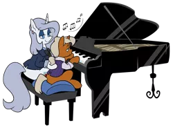 Size: 1138x841 | Tagged: safe, artist:egophiliac, derpibooru import, oc, oc:copper decree, oc:platinum decree, unofficial characters only, pony, unicorn, clothes, colt, ear piercing, earring, elegant, fancy, female, jewelry, male, mare, mother, mother and son, music, music notes, piano, piercing, ponytail, simple background, sitting, suit, teaching, transparent background, vest