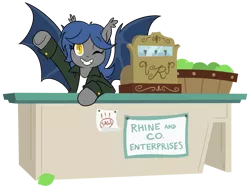 Size: 1250x939 | Tagged: safe, artist:egophiliac, derpibooru import, oc, oc:racket rhine, unofficial characters only, bat pony, pony, cash register, clothes, counter, cute, female, fruit, happy, jacket, lime, mare, merchant, one eye closed, shop, simple background, smiling, solo, transparent background, waving, welcome, wink