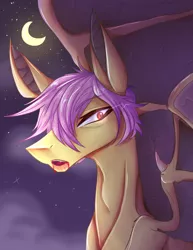 Size: 1024x1327 | Tagged: semi-grimdark, artist:coffeebeanu, artist:tunxxon, derpibooru import, fluttershy, bat pony, pony, blood, butterscotch, collaboration, flutterbat, glowing eyes, moon, night, race swap, red eyes, rule 63, solo