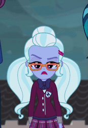 Size: 497x719 | Tagged: safe, derpibooru import, screencap, indigo zap, principal abacus cinch, sugarcoat, equestria girls, friendship games, animated, bowtie, canterlot high, clothes, cropped, crystal prep academy uniform, gif, glasses, hairpin, leggings, looking at you, pigtails, plaid skirt, pleated skirt, school uniform, sexy, singing, skirt, solo focus, twintails, unleash the magic, walking