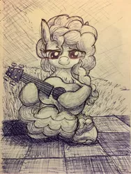 Size: 3024x4032 | Tagged: safe, artist:littlenaughtypony, derpibooru import, pear butter, pony, the perfect pear, guitar, sketch, smiling, traditional art