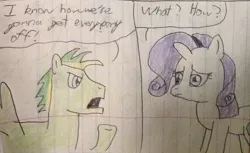 Size: 1275x780 | Tagged: suggestive, artist:didgereethebrony, derpibooru import, edit, rarity, oc, oc:didgeree, pony, bad taste, comic, context is for the weak, cropped, lined paper, pencil drawing, traditional art