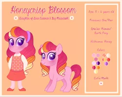 Size: 1280x1024 | Tagged: safe, artist:carouselunique, derpibooru import, oc, oc:honeycrisp blossom, unofficial characters only, earth pony, pony, equestria girls, female, filly, freckles, offspring, parent:big macintosh, parent:princess cadance, parents:cadmac, reference sheet, solo