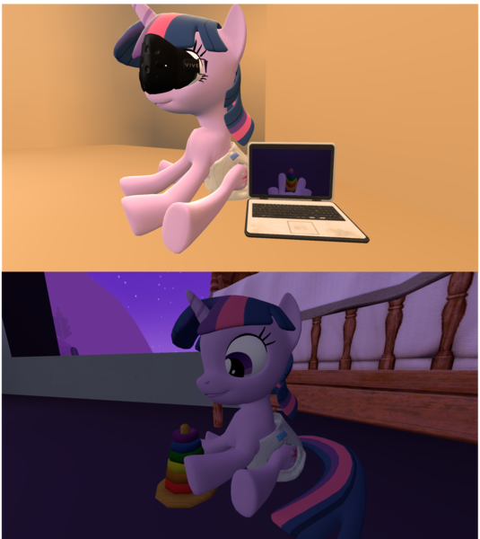 Size: 1935x2170 | Tagged: questionable, artist:mrdoctorderpy, derpibooru import, twilight sparkle, pony, 3d, computer, crib, diaper, diaper fetish, fetish, foal, htc vive, laptop computer, solo, source filmmaker, virtual reality