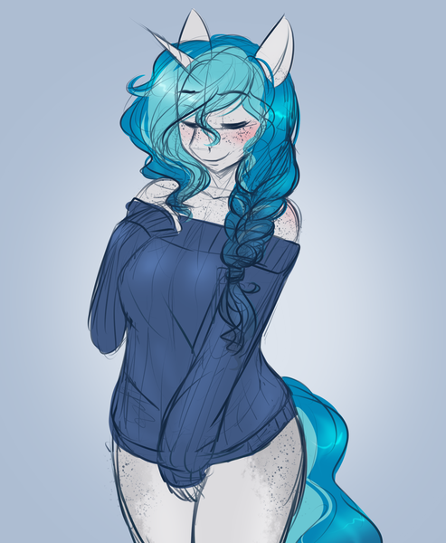 Size: 2215x2696 | Tagged: suggestive, artist:askbubblelee, derpibooru import, oc, oc:bubble lee, oc:imago, unofficial characters only, anthro, unicorn, anthro oc, blushing, body freckles, bottomless, clothes, colored sketch, cute, eyes closed, female, freckles, mare, off shoulder, off shoulder sweater, partial nudity, smiling, solo, sweater