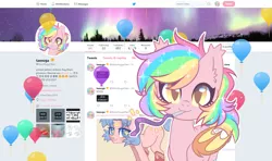 Size: 1605x950 | Tagged: safe, artist:hawthornss, derpibooru import, party favor, oc, oc:paper stars, bat pony, pony, :3, balloon, birthday, clothes, cute, ear fluff, female, lidded eyes, looking at you, mare, meta, mouth hold, party horn, sailor moon, smiling, socks, solo, sparkles, starry eyes, twitter, wingding eyes